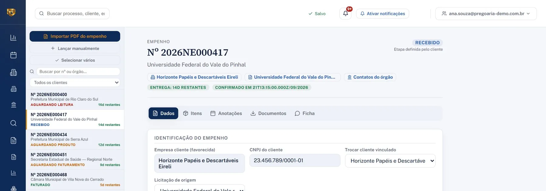 Empenho recebido com identificação do cliente, CNPJ, dotação orçamentária e valor total