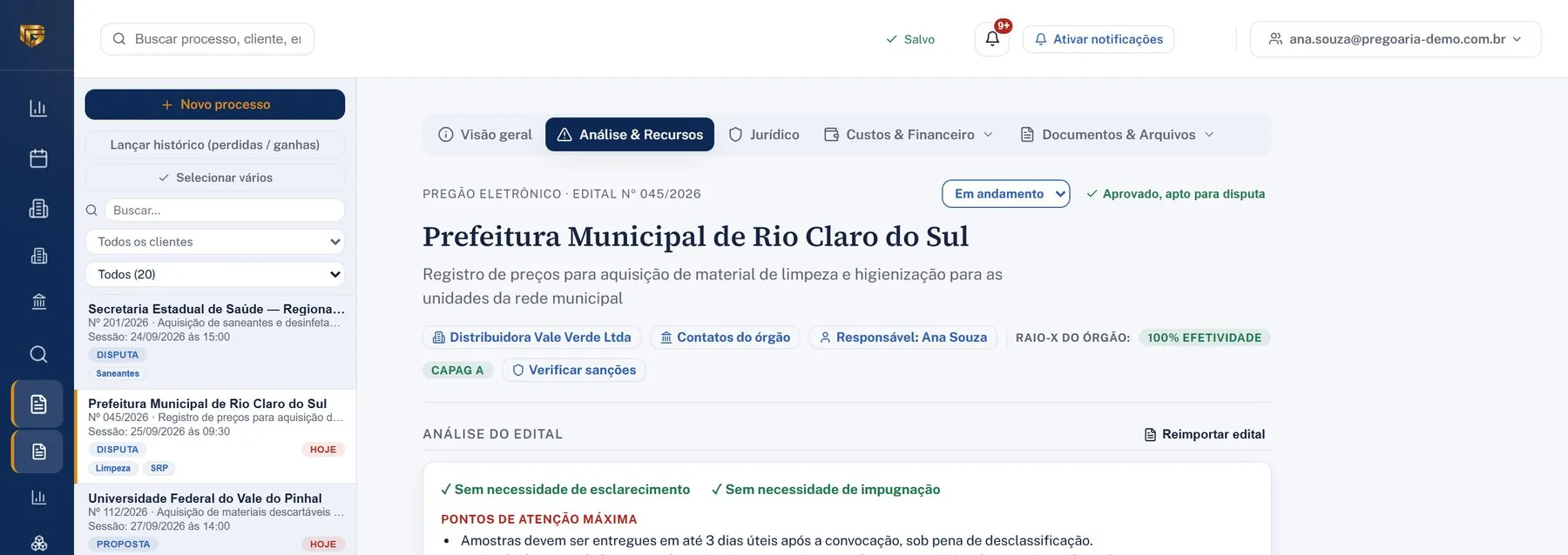 Análise do edital pela IA: pontos de atenção máxima, documentos exigidos identificados automaticamente