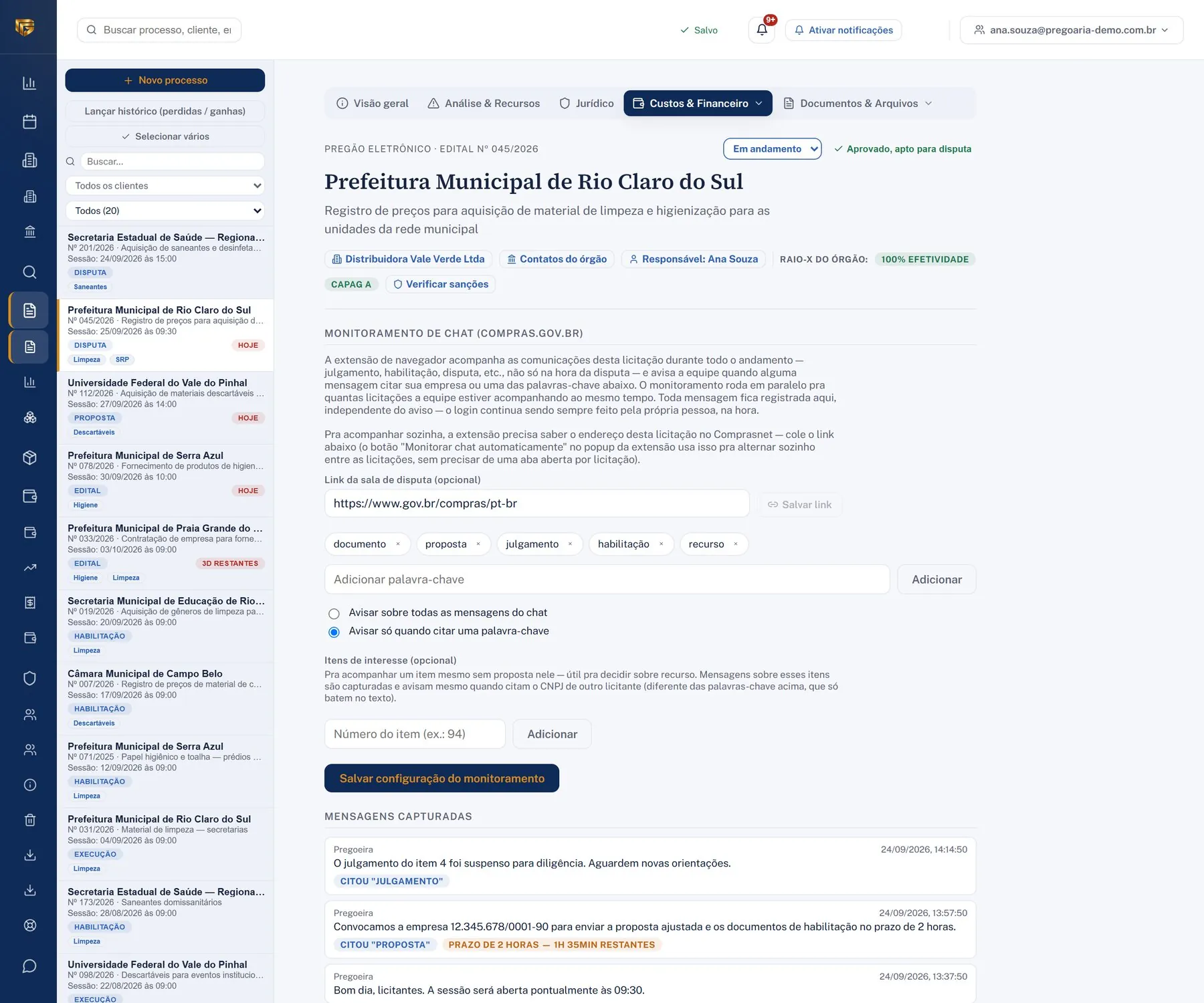 Monitoramento de chat do Comprasnet: mensagens do pregoeiro capturadas e avisos de prazo em tempo real